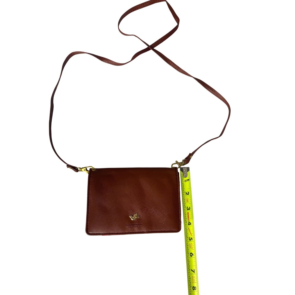 Shinzi Katoh Brown Saffiano Faux Leather Small Crossbody Bag Gold Bird Logo